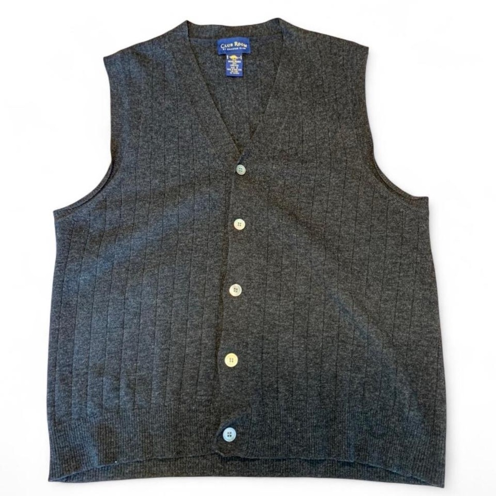 Club Room Dark Charcoal Ribbed Wool V-Neck Button Sweater Vest